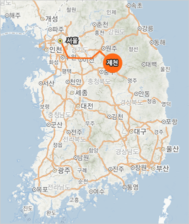 서울~제천 경로가 간략하게 표시된 지도