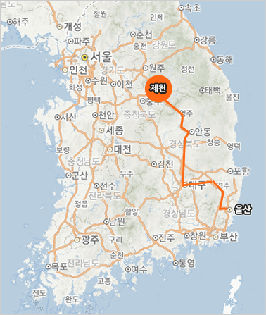 울산광역시~제천 경로가 간략하게 표시된 지도