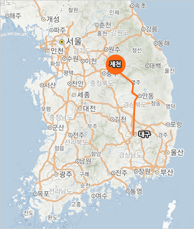 대구광역시~제천 경로가 간략하게 표시된 지도